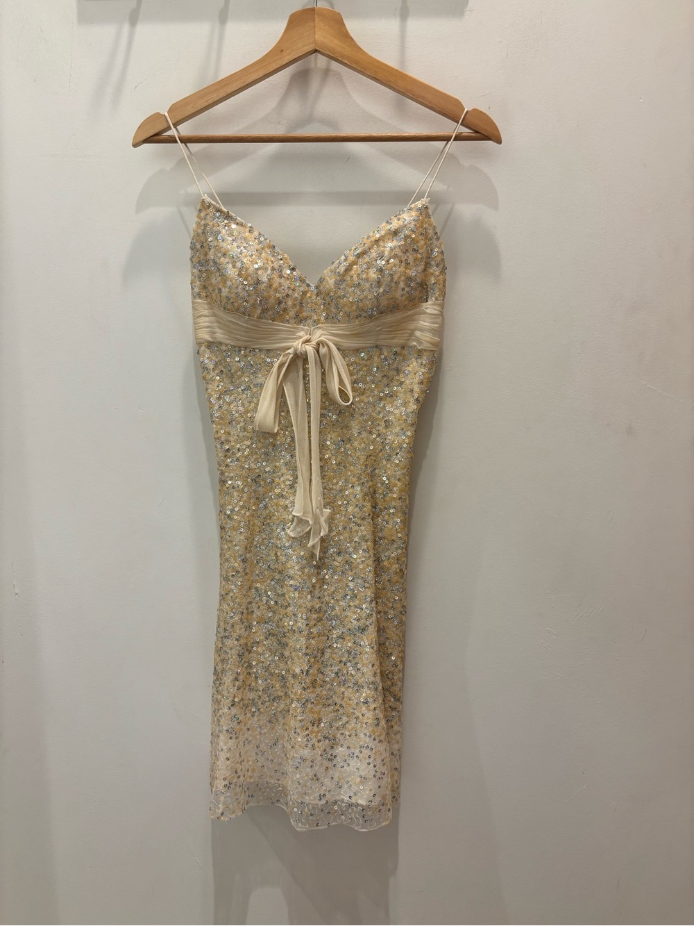 Vintage Beyond Sequin-Embellished Cream Midi Dress with Ribbon Waist